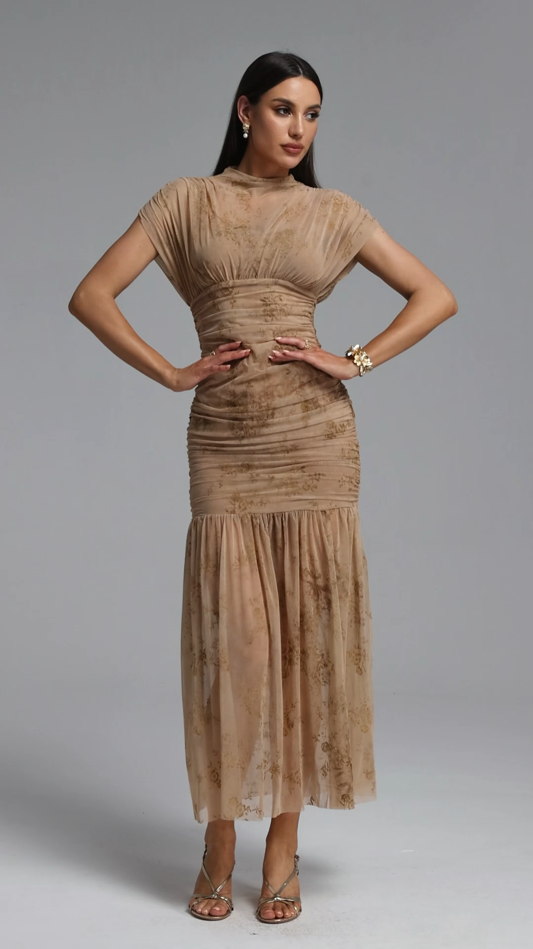 Vocca Romantic Contour Ruched Floral Print Sheer Nude Maxi Dress