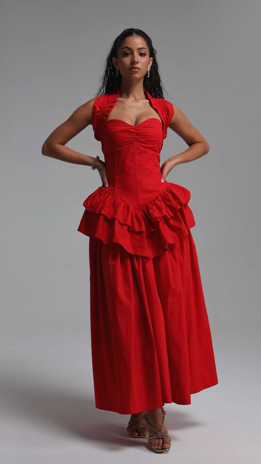 Shea Elegant Cinched Waist Halter Neck Ruffled Maxi Dress