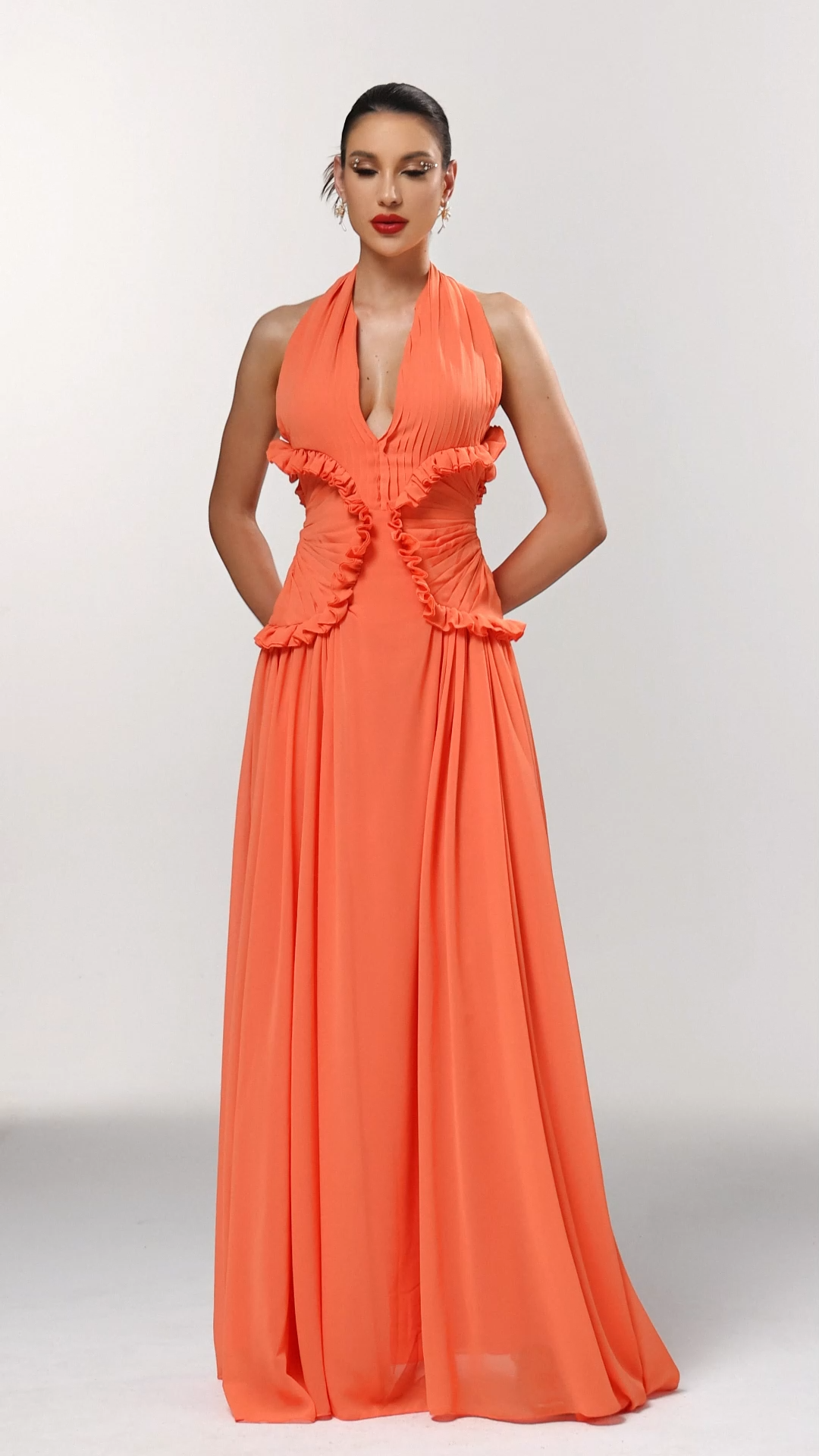 Pinky Resort Flowy Halter Ruched Mesh Maxi Dress