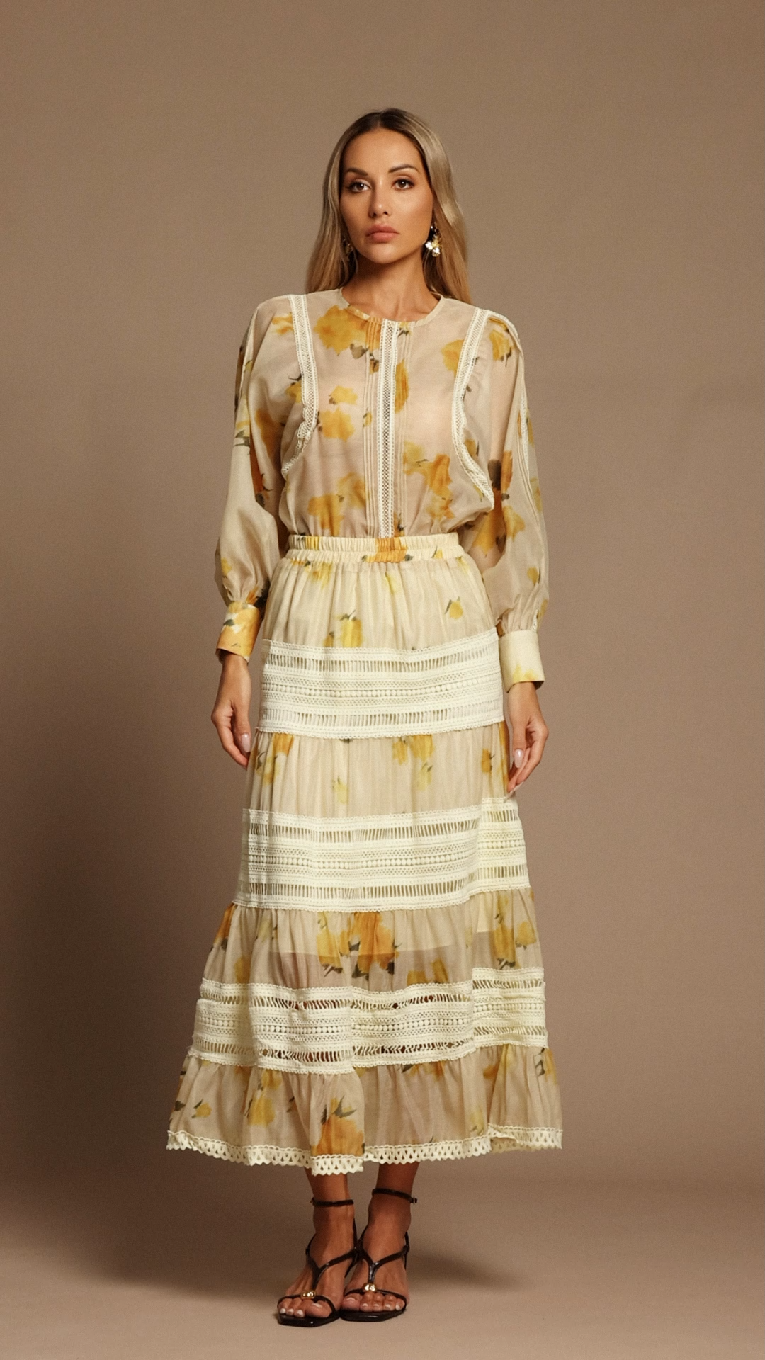 Saraja Long Sleeves Floral Printed Top And Skirt Two-Piece Set