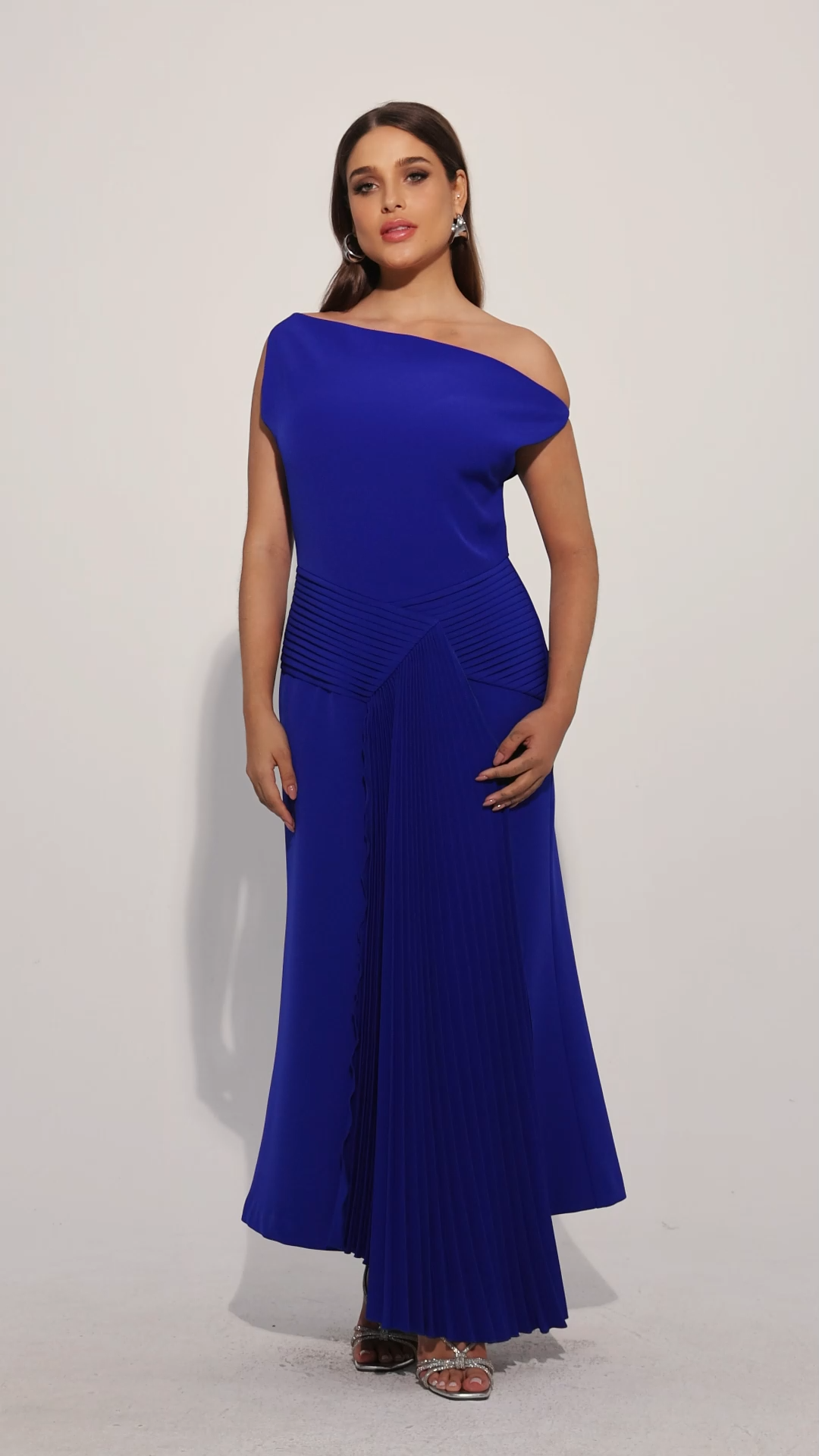 Paulina Oblique Shoulder Sleeveless Folds RoyalBlue Midi Dress