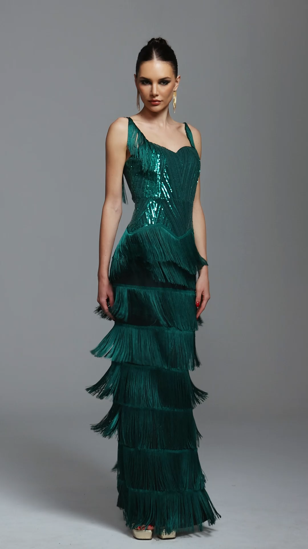 Sierra Glamorous Cinched Waist Sequin Fringe Maxi Dress