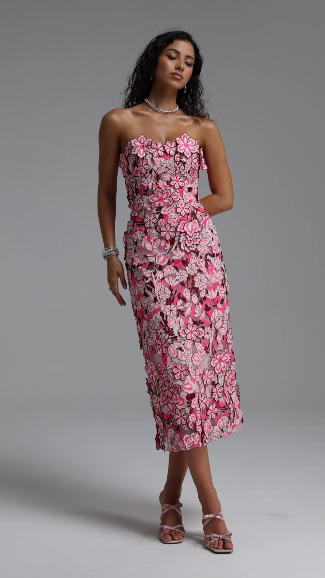 Noma Elegant Floral Strapless Slim Midi Dress