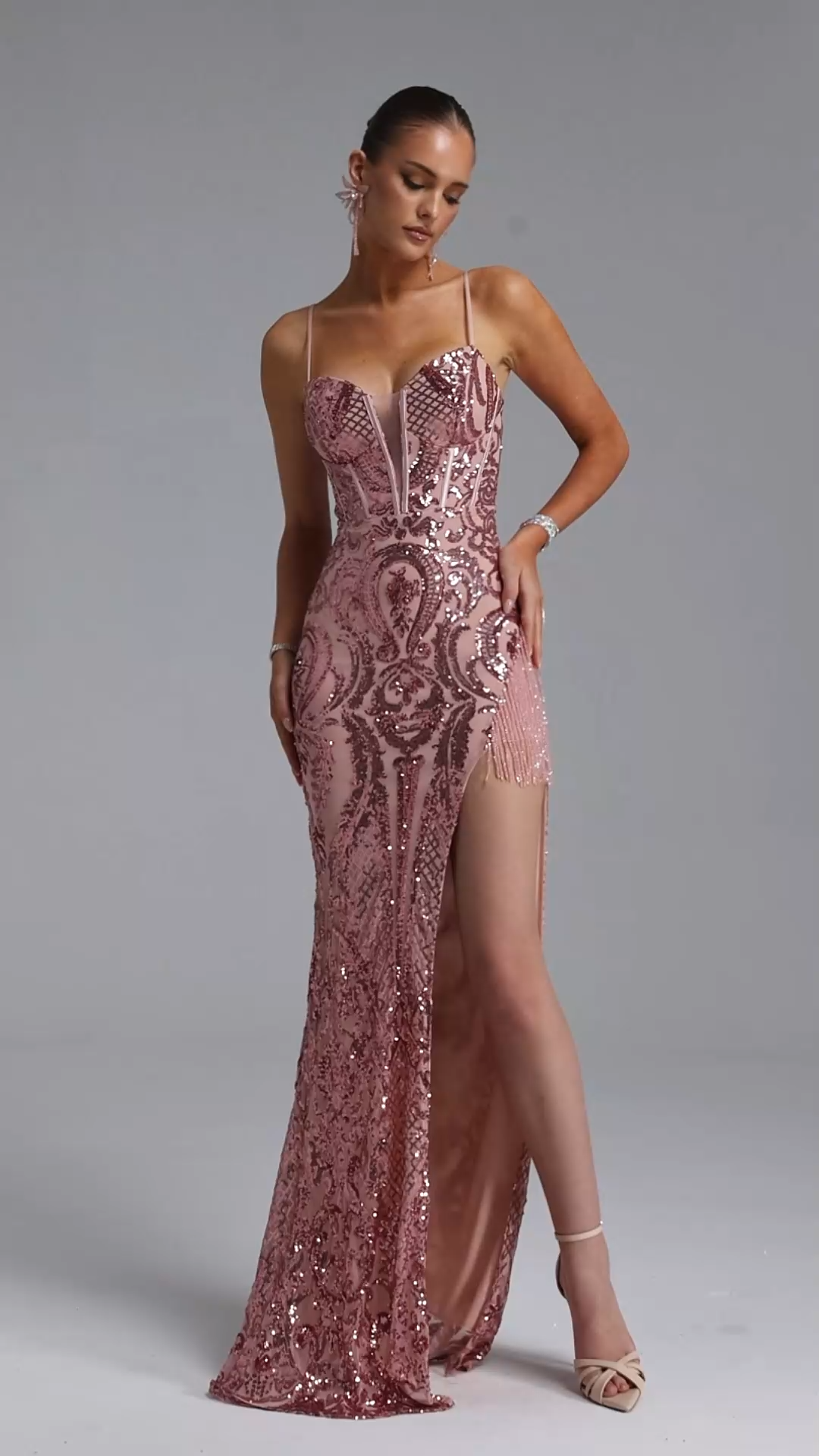 Fern Romantic Contour Deep V Sequin Pattern Maxi Dress
