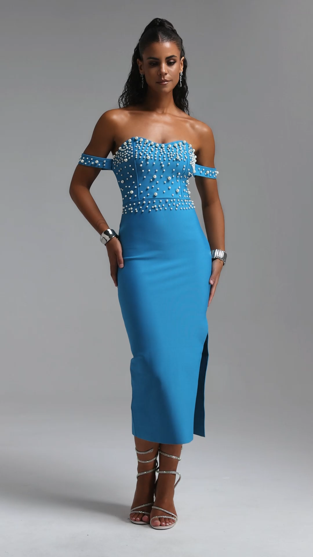 Eudora Elegant Off Shoulder Pearl High Slit Bandage Maxi Dress