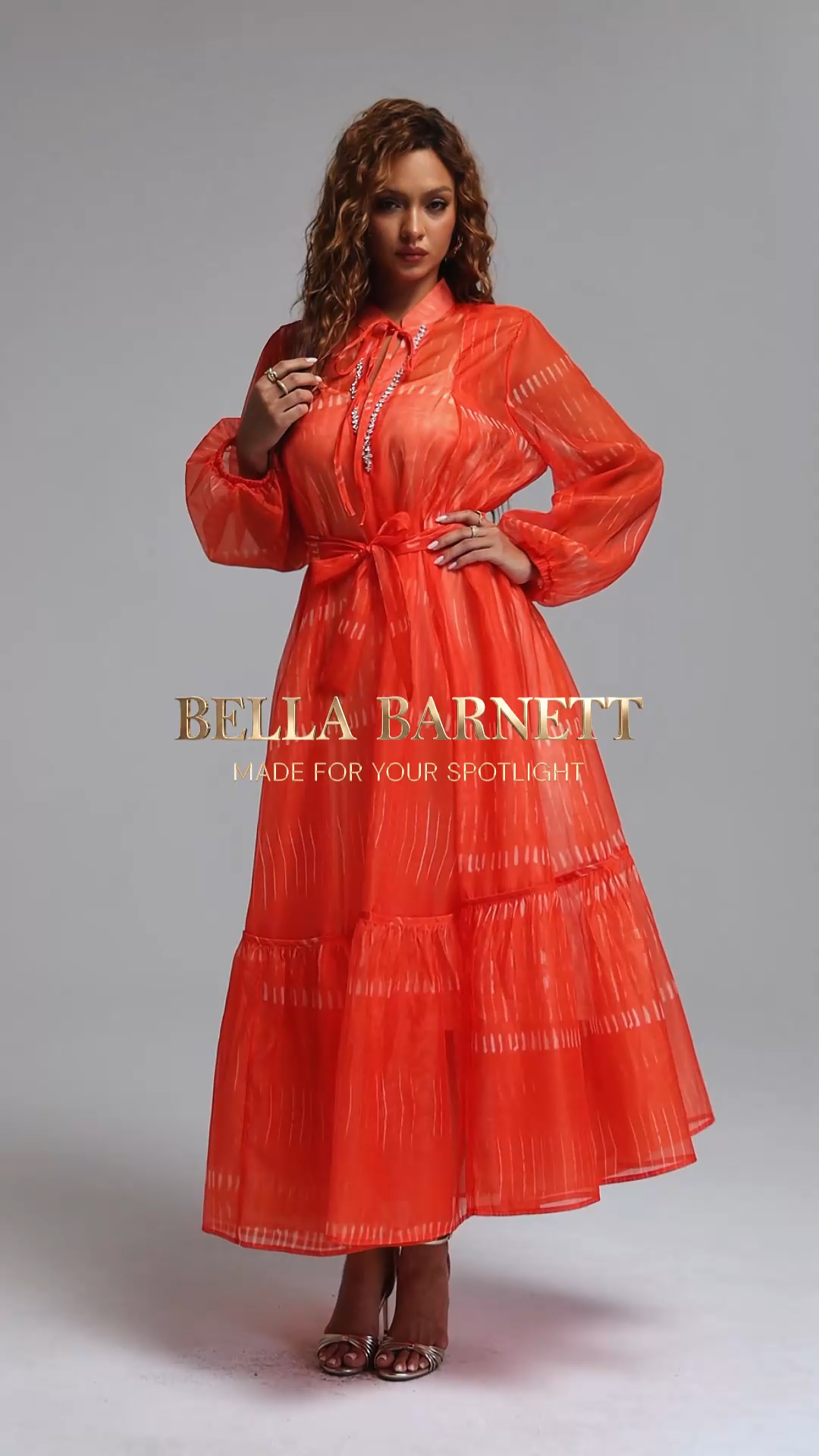 Tinnie Romantic Flowy Long Sleeve Stripe Print Belted Tiered Chiffon Maxi Dress