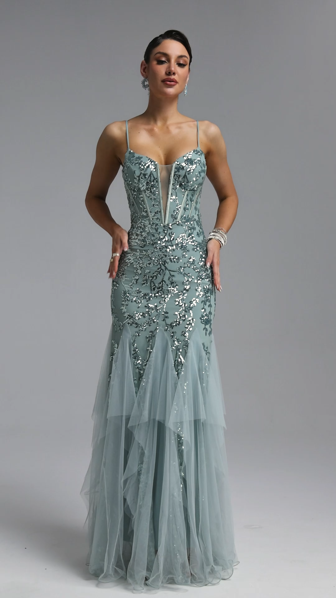 Mirelle Classic Spaghetti Strap V Neck Corset Sequin Mermaid Maxi Dress