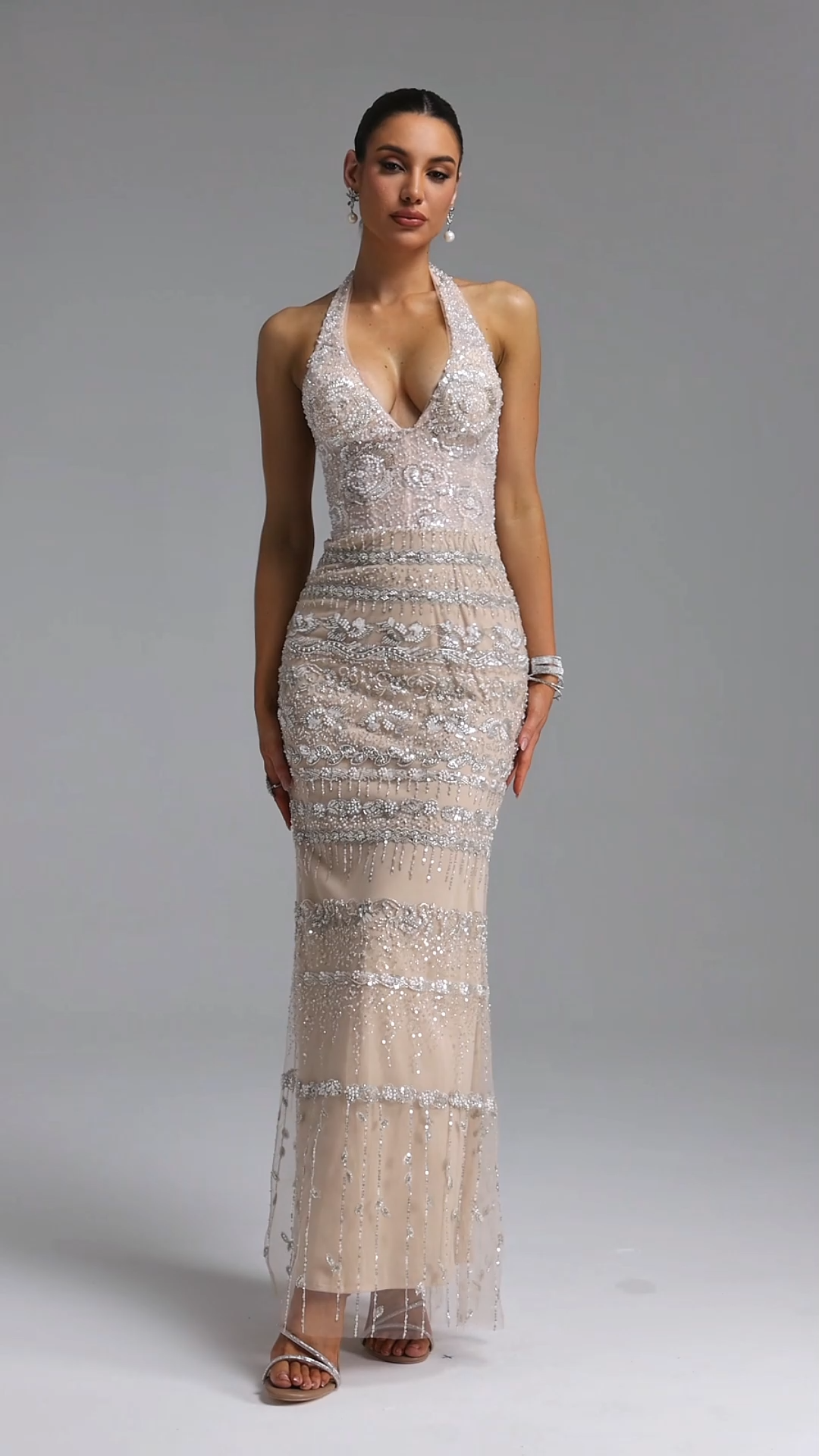 Irey Light Luxury Slim Deep V Halter Beaded Embroidery Mesh Mermaid Maxi Evening Dress