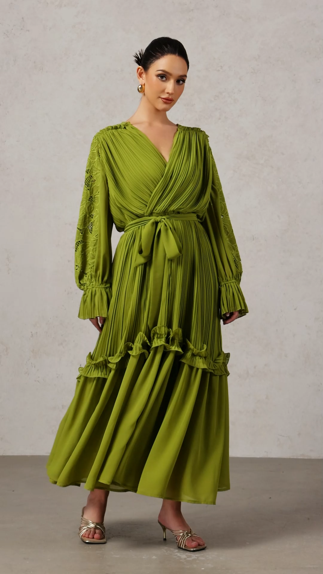 Gaki Long Sleeves Folds Flowers Maxi Dress