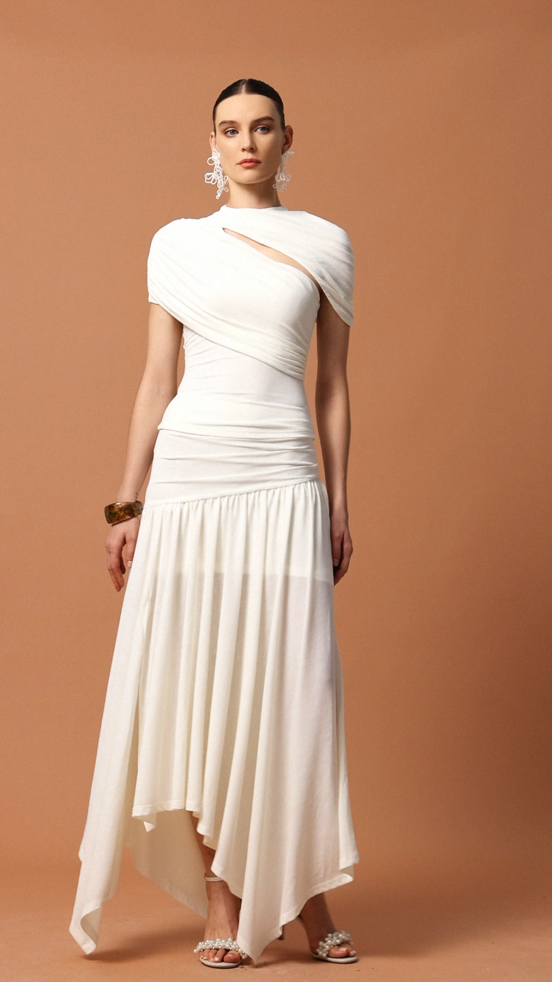 Fresco Short Sleeves Asymmetric Folds Top And Skirt Two-Piece Set