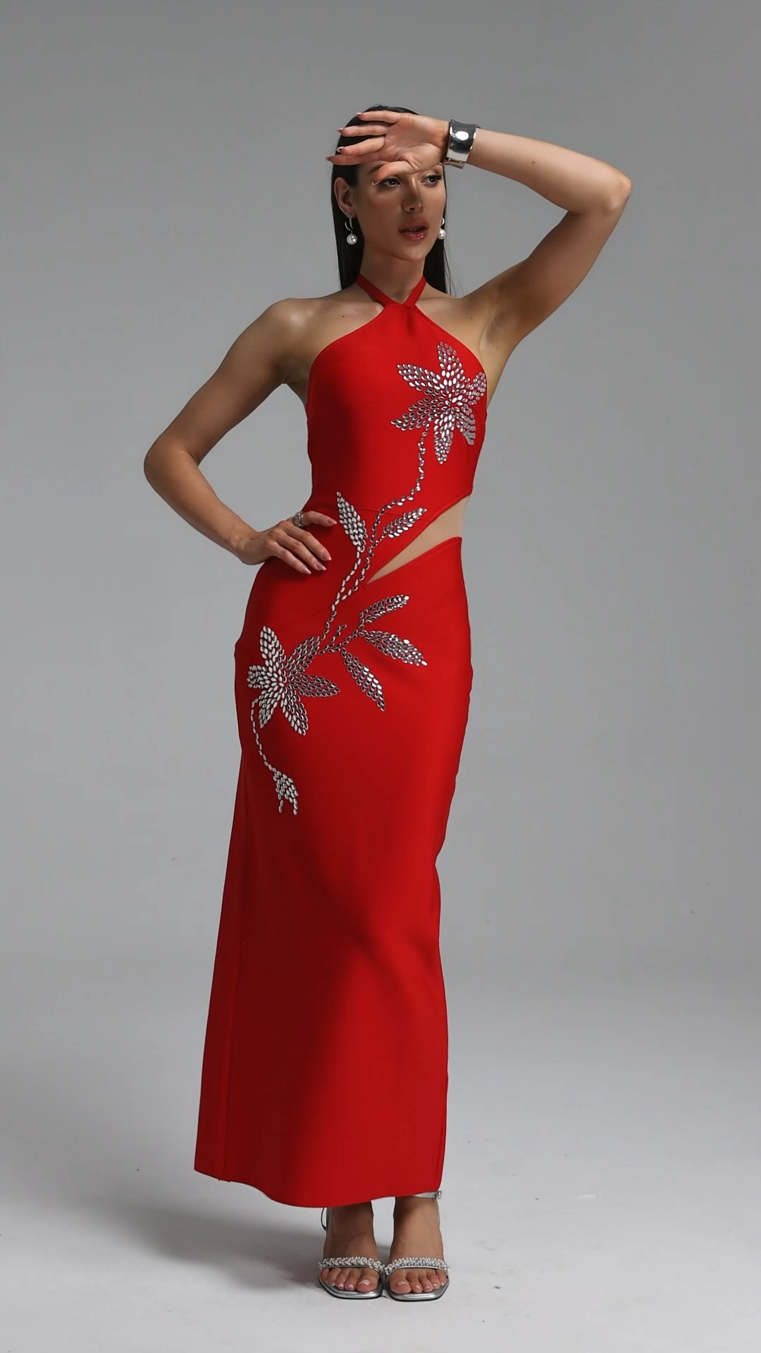 Uabeza Classic Halter Floral Rhinestone Bandage Maxi Dress