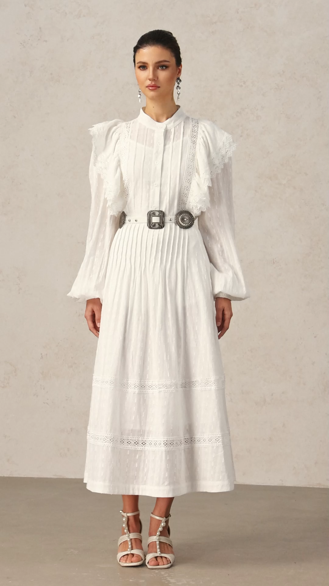 Ditala Long Sleeves Lace Folds Top And Skirt Two-Piece Set