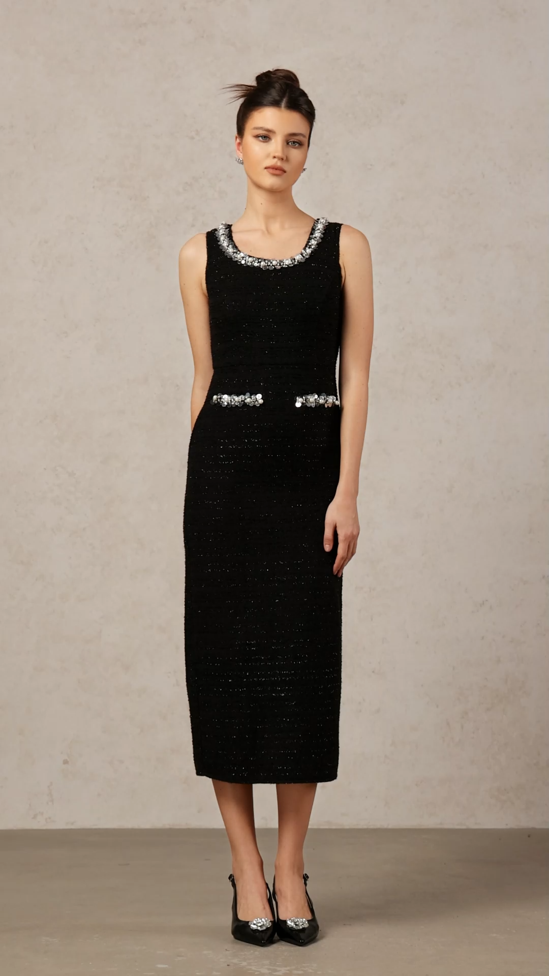 Derly Elegant Slimming Sleeveless Sequin Tweed Midi Dress