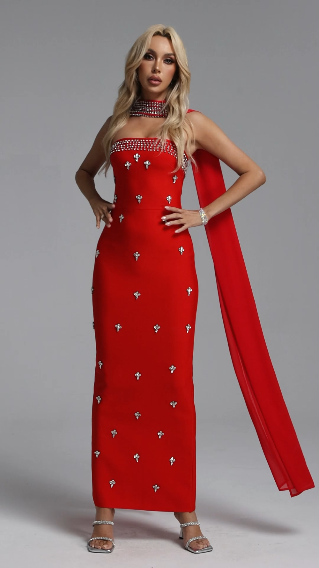 Marina Glamorous Contour Strapless Rhinestone Red Bandage Maxi Dress