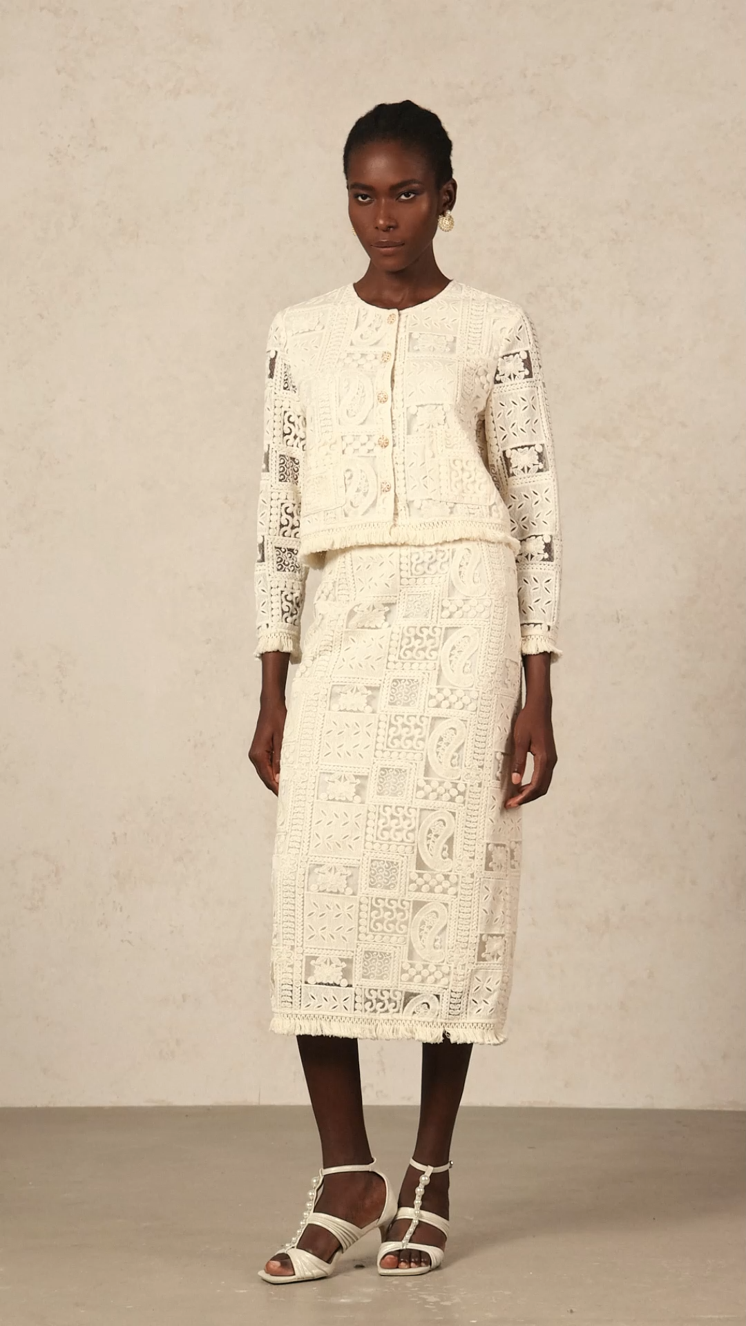 Felia Round Neck Long Sleeves Hollow Out Slit Lace Top And Skirt Two-Piece Set