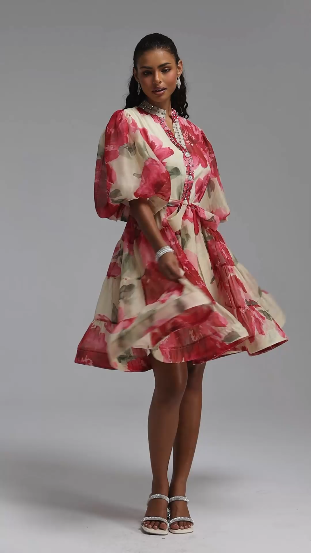 Samiya Romantic Flowy Puff Sleeve Rhinestone Floral Print Organza Mini Dress