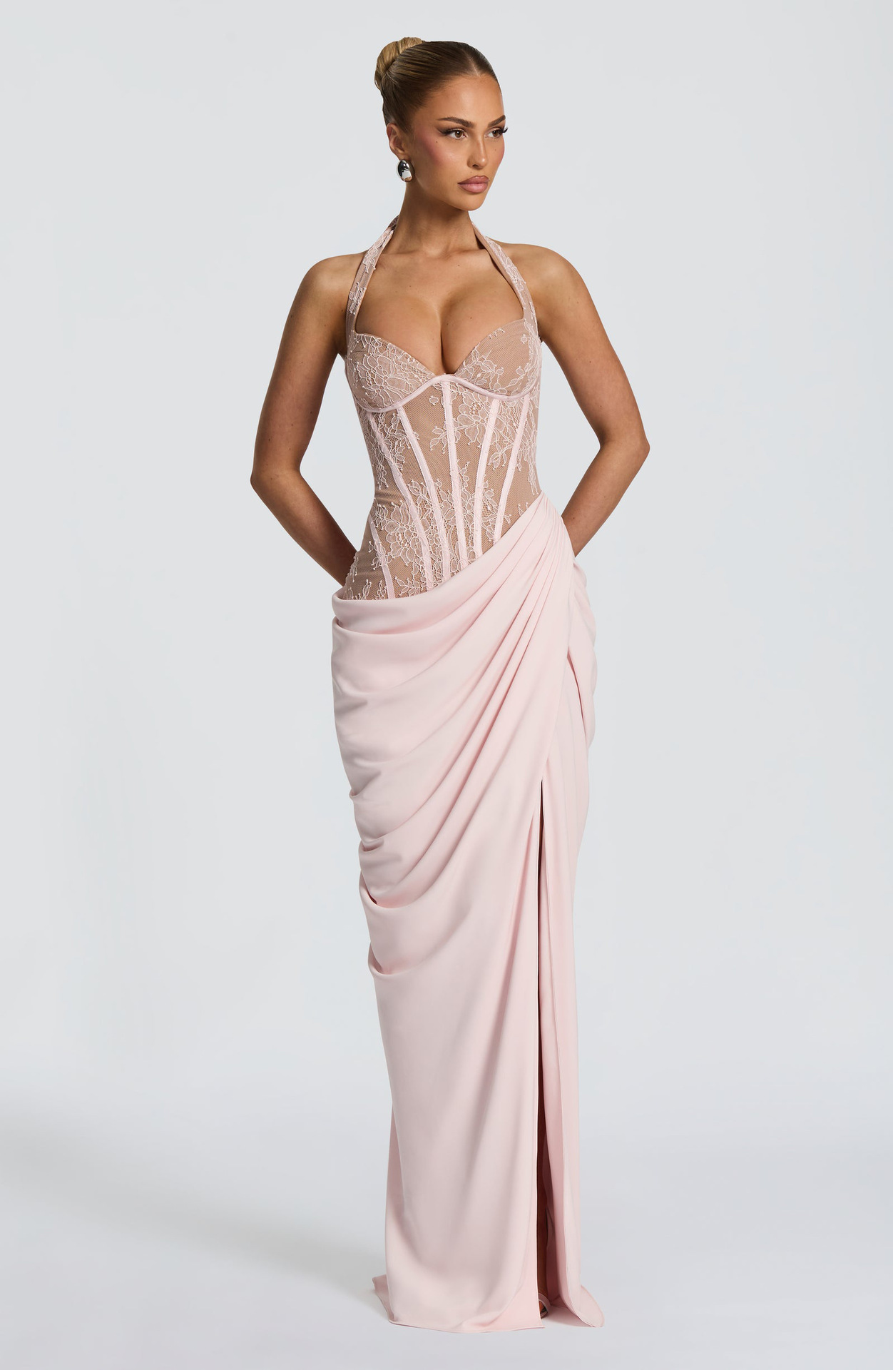 Yuria Classic Halter V Neck Lace Slit Maxi Dress