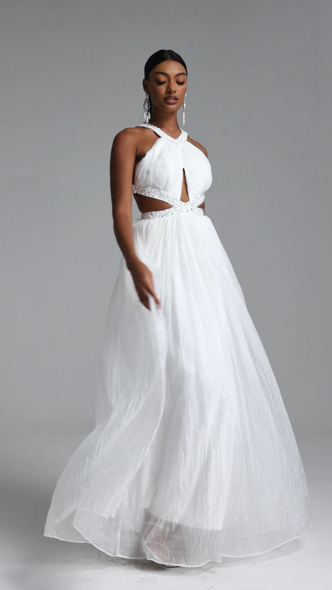 Habiba Elegant Flowy Halter Cut Out Sequin Maxi Dress