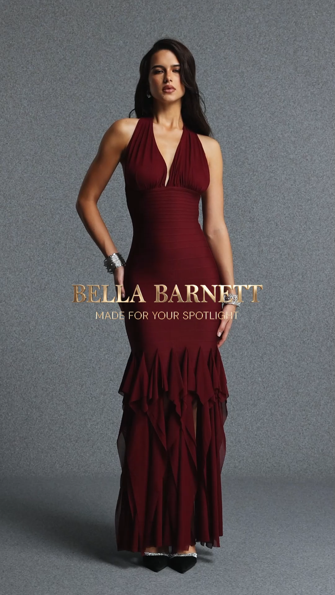 Pedra Glamorous Contour Halter V Neck Ruffled Bandage Maxi Dress