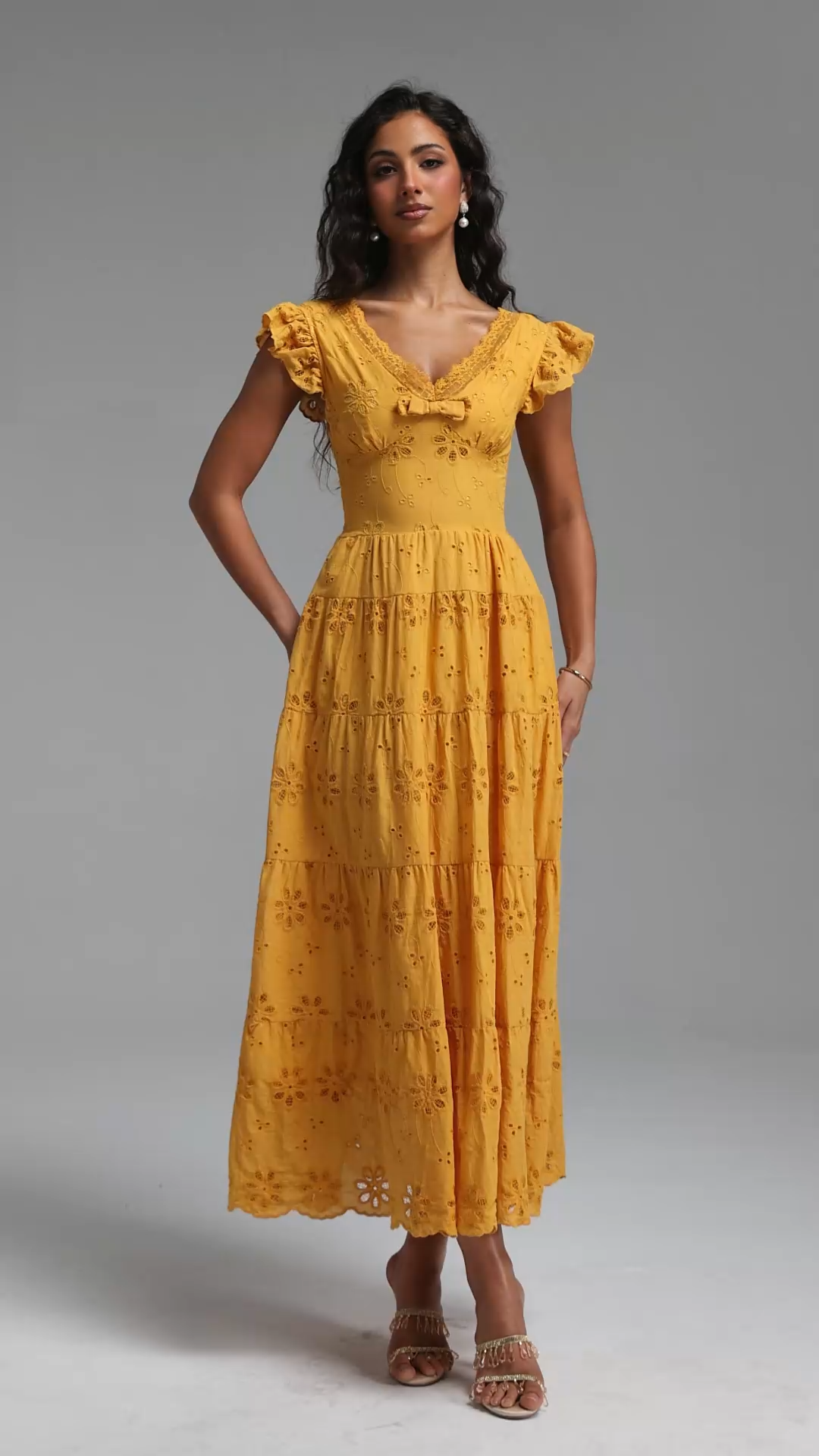 Jerlyn Resort Flowy V Neck Sleeveless Bow Ruffle Woven Maxi Dress
