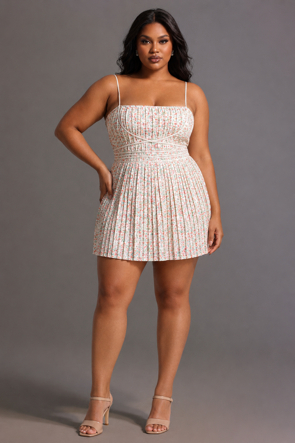 Modan Romantic Cinched Sleeveless Floral Print Pleated Woven Mini Dress