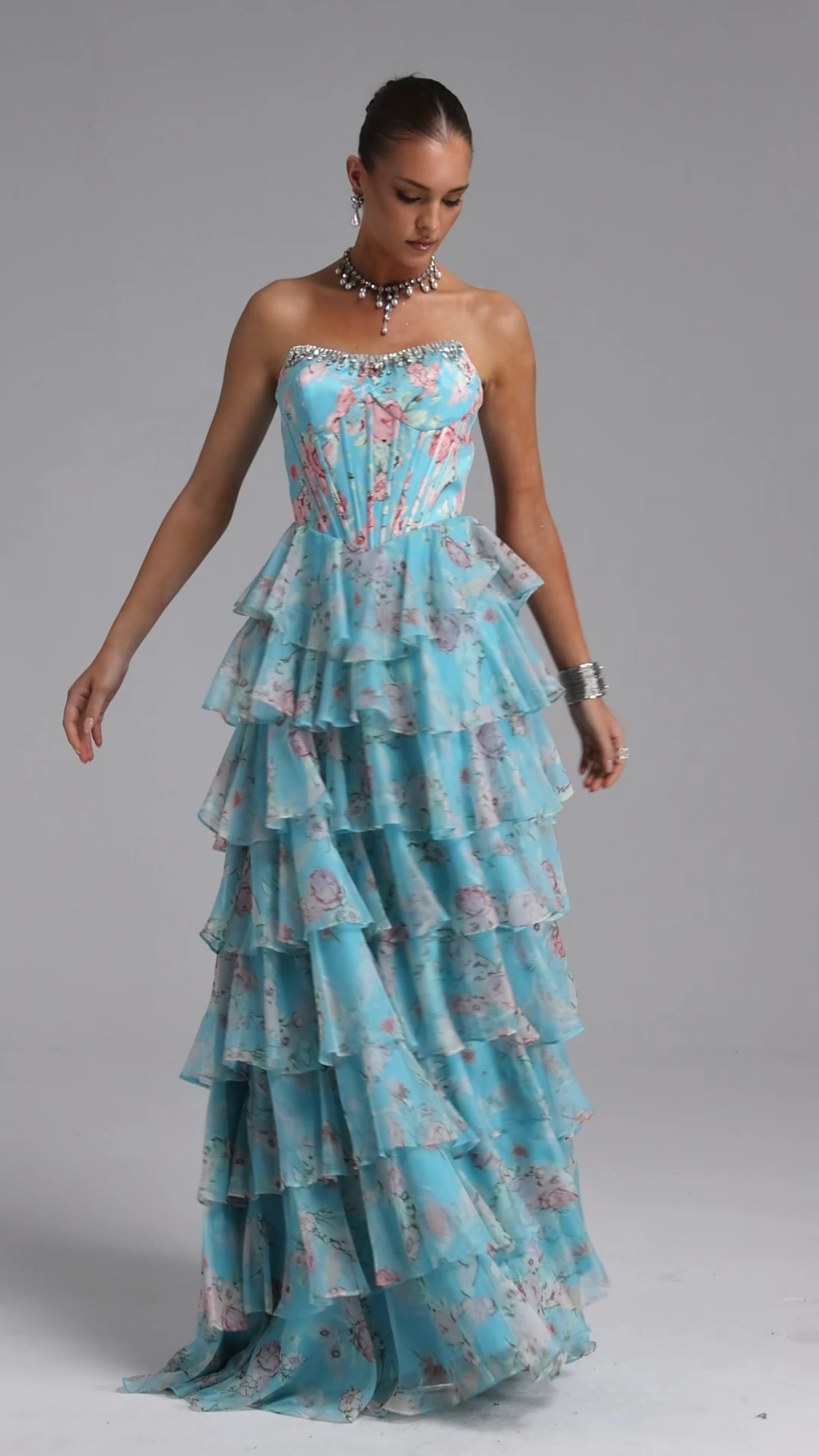 Namia Romantic Tailored Strapless Rhinestone Ruffle Floral Print Blue Maxi Dress