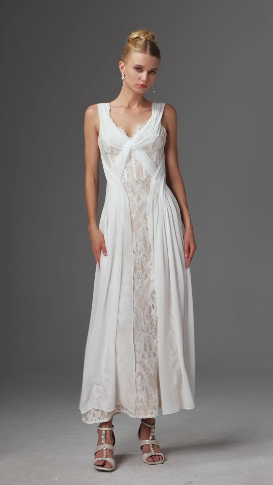 Namia Romantic Flowy Sleeveless Ruched Lace Maxi Dress