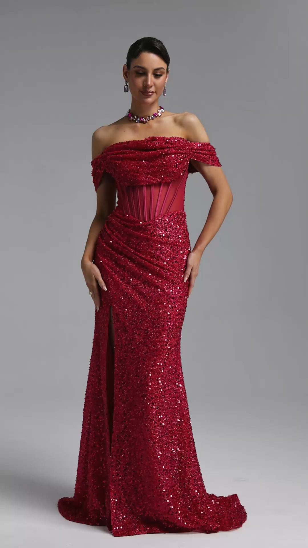 Ziska Classic Off Shoulder Corset Sequin High Slit Rose Pink Maxi Dress