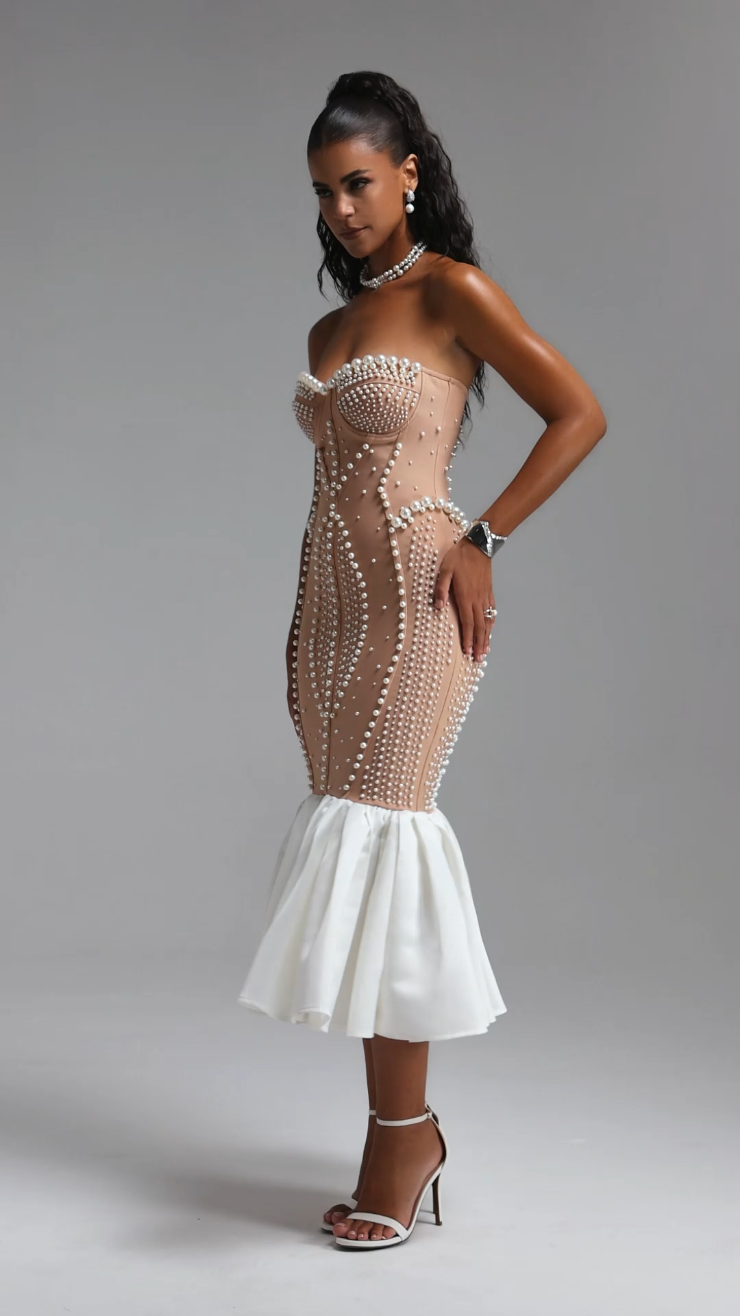 Falisa Vintage Strapless Heavy Ornate Pearl Pleated Midi Bandage Mermaid Dress
