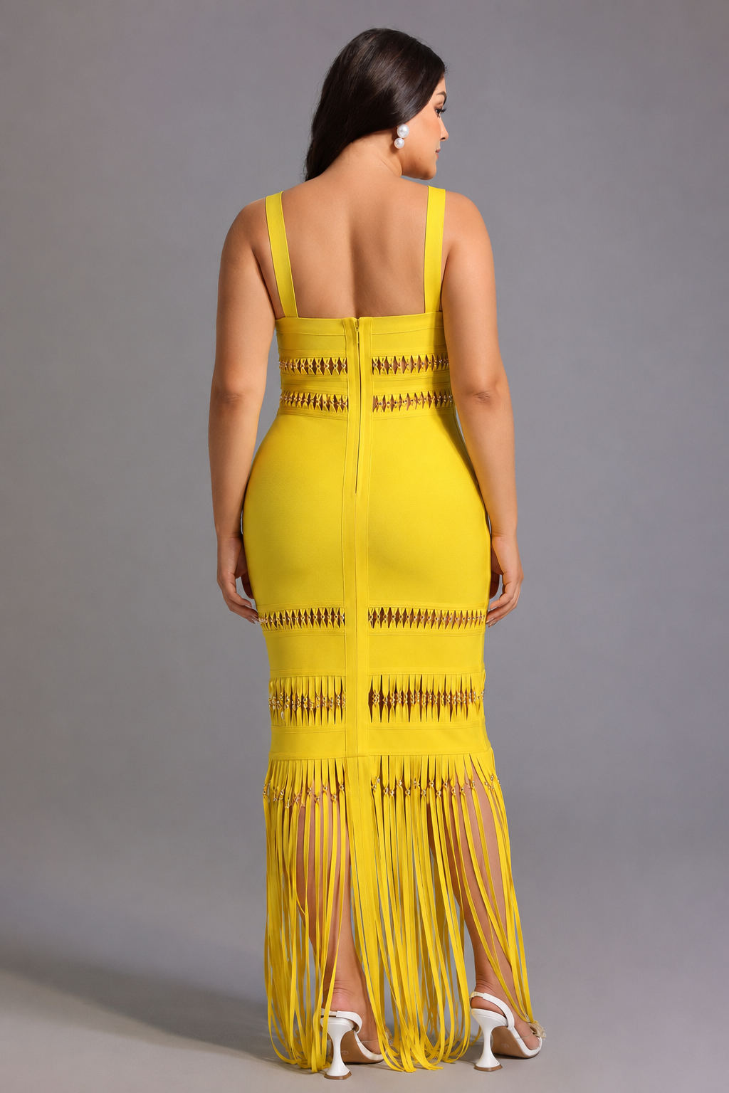 Shanley Chic Contour Sleeveless Beaded Fringe Bandage Maxi Dress