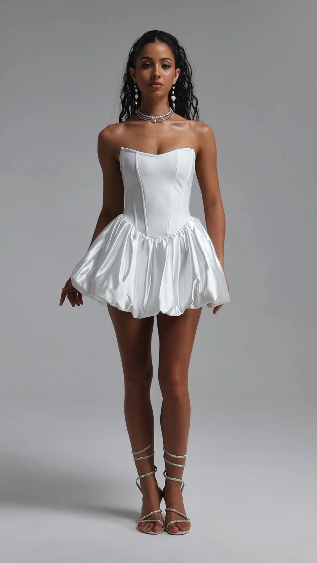 Paco Elegant Cinched Waist Strapless Ruched Bandage Satin Mini Dress