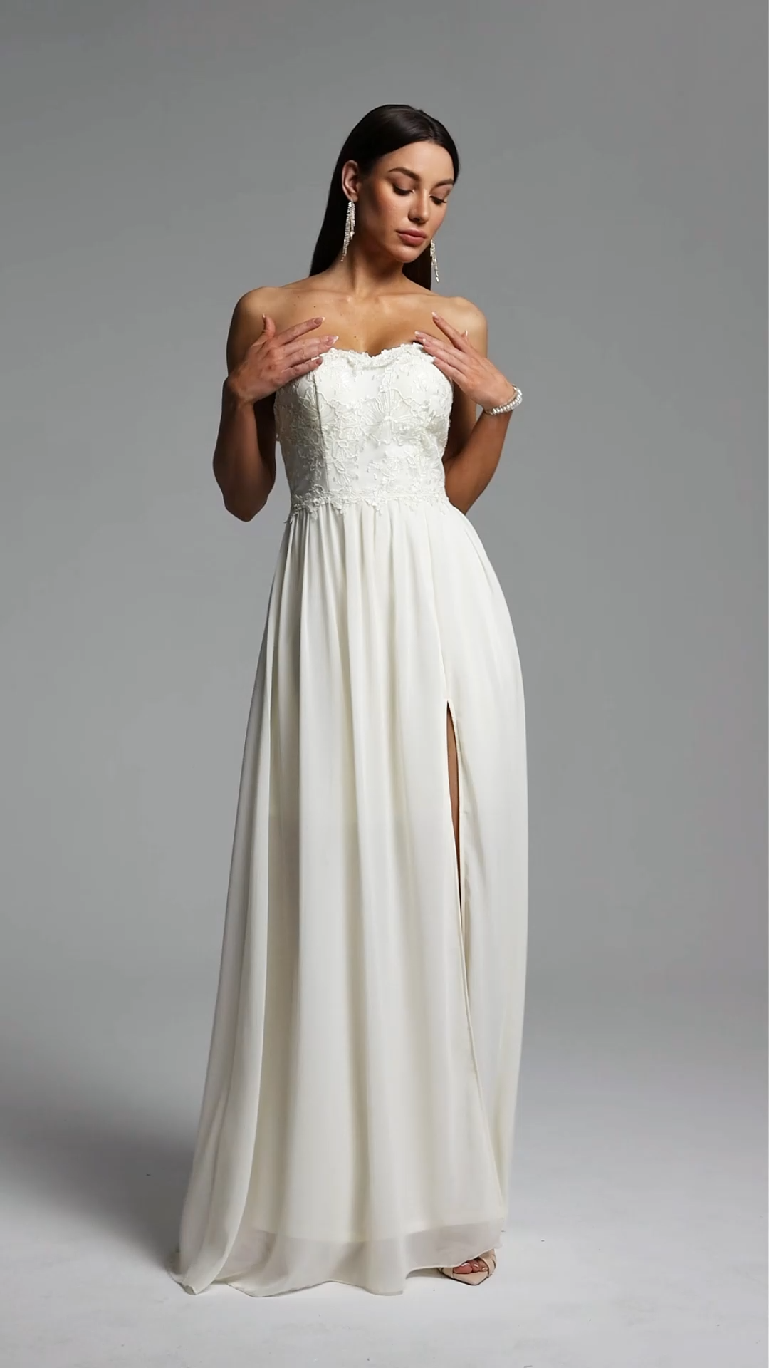 Dorie Elegant Flowy Strapless Floral High Slit Lace Maxi Dress