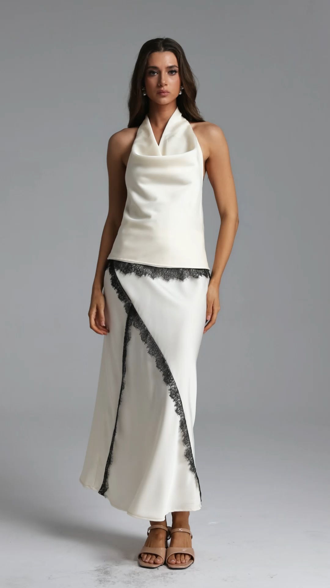 Noor Chic Contour Halter Cowl Neck Lace Top and Skirt Set