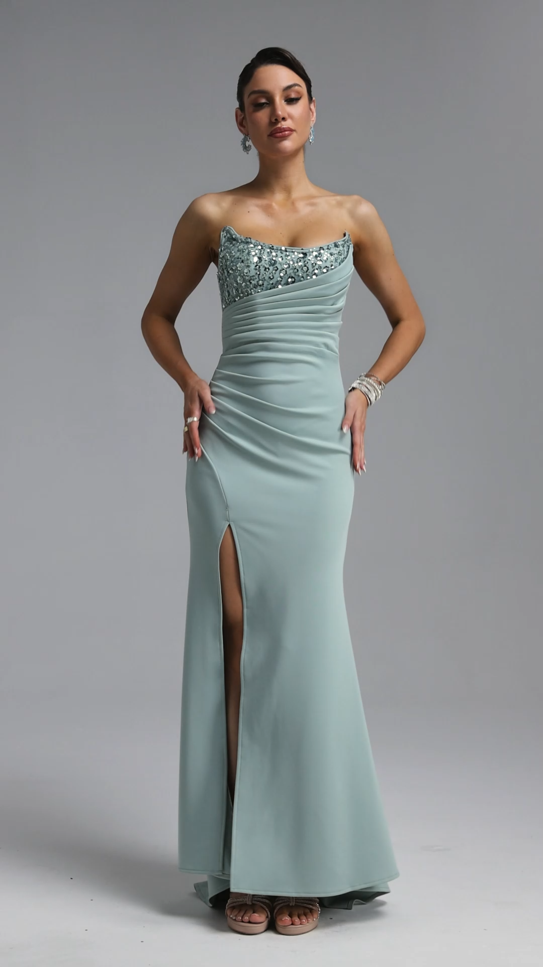 Lakei Classic Strapless Beaded Ruched High Slit Satin Mermaid Maxi Dress