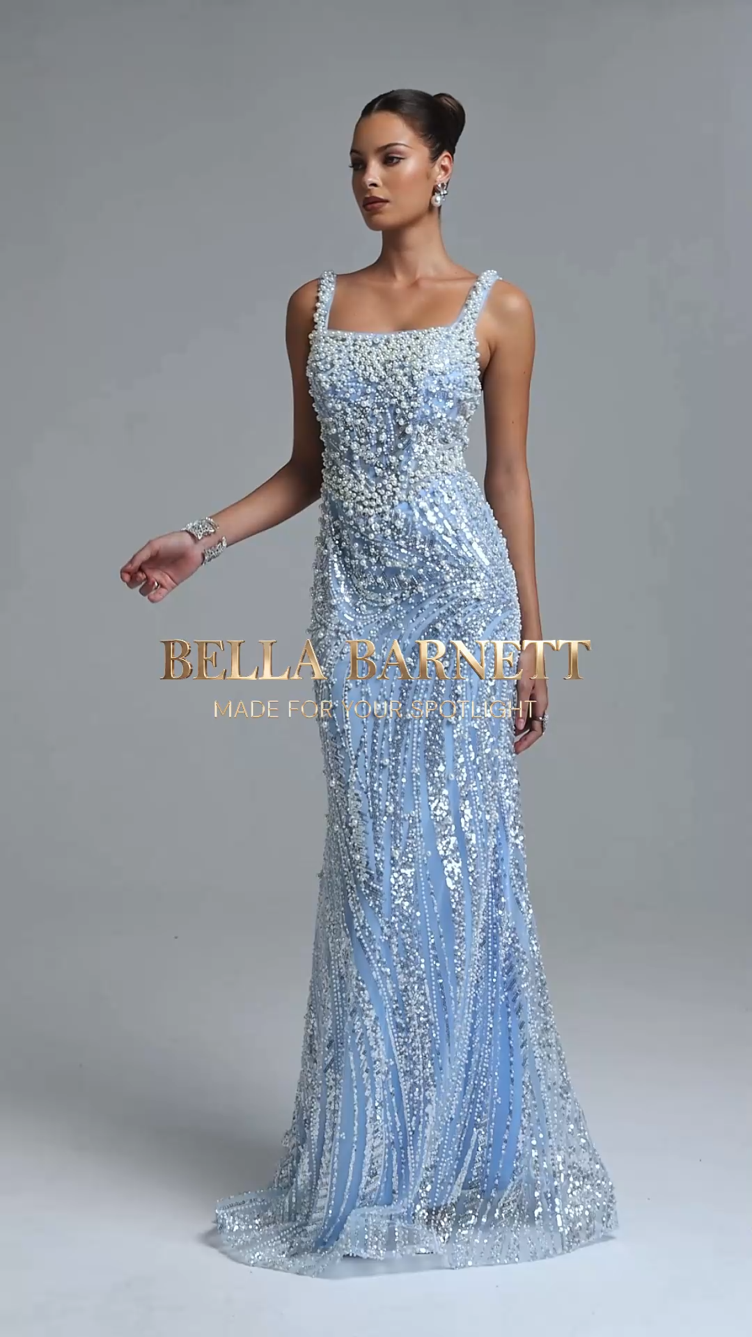 Irana Elegant Contour Square Neck Sleeveless Pearl and Sequin Mesh Maxi Dress