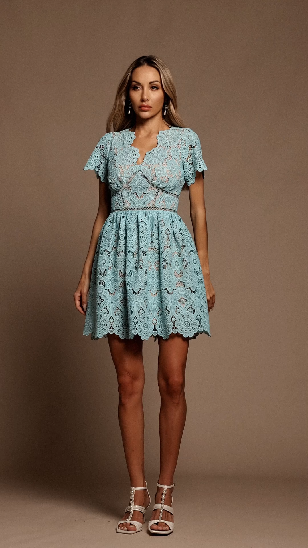 Urania V-Neck Short Sleeves Flowers Lace Mini Dress