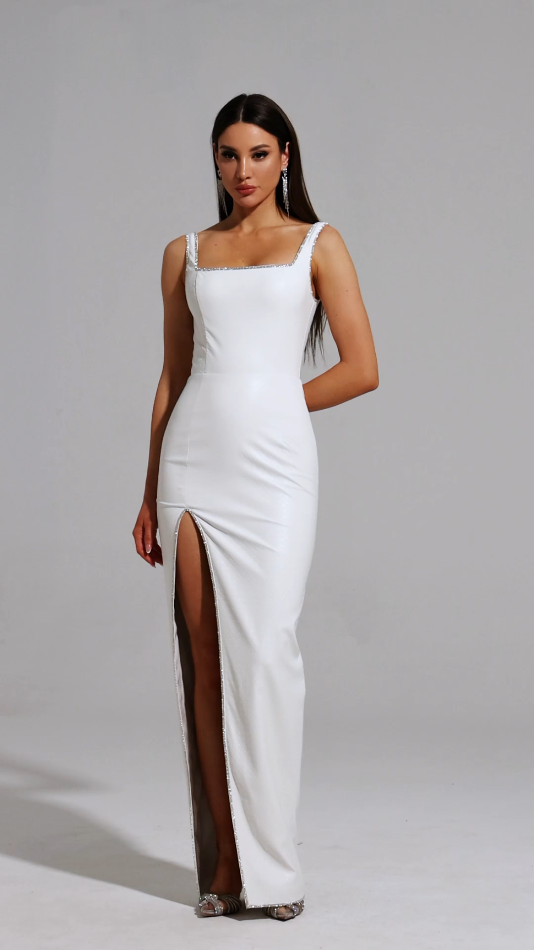 Polasa High Slit Diamond Artificial Leather Maxi Dress