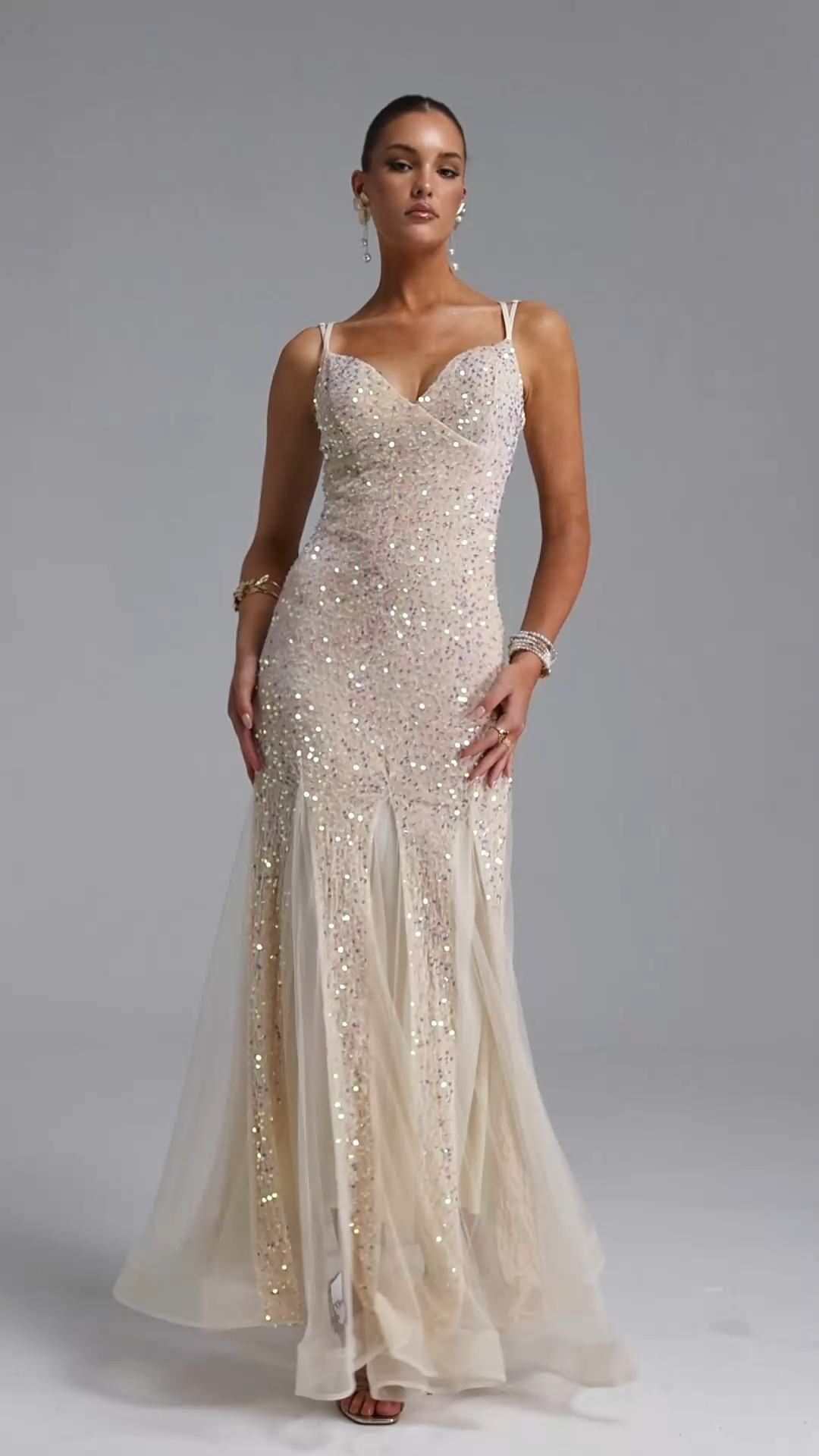Vivian Romantic Contour V Neck Sequin Beige Maxi Dress