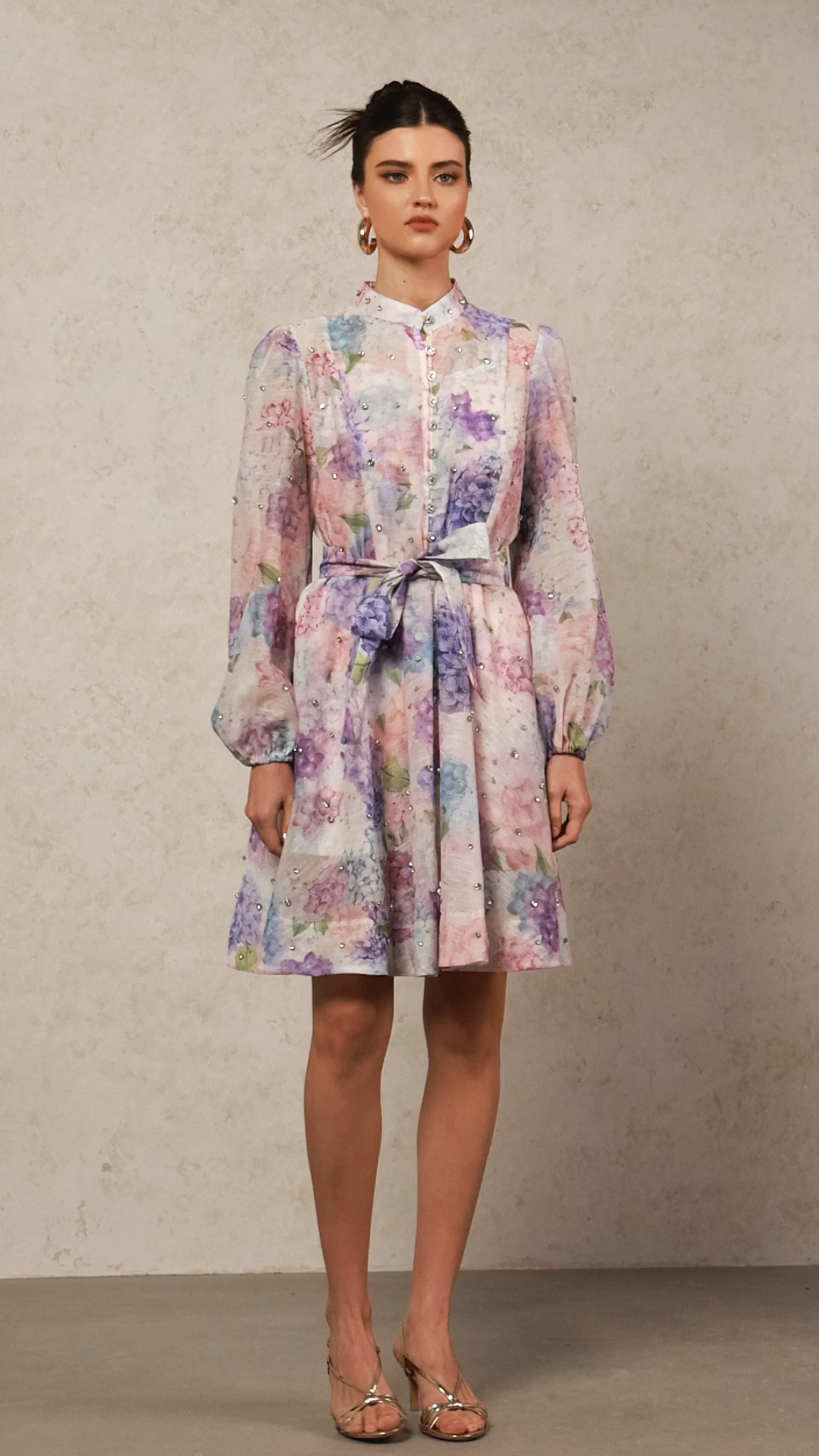 Faray Long Sleeves Floral Printed Diamond Mini Dress