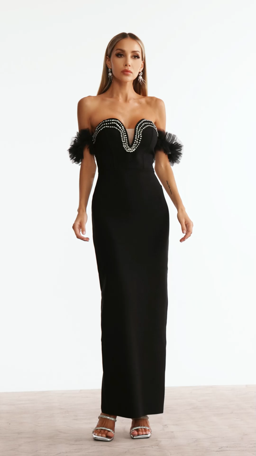 Sarna Off Shoulder Rhinestone Bandage Maxi Dress