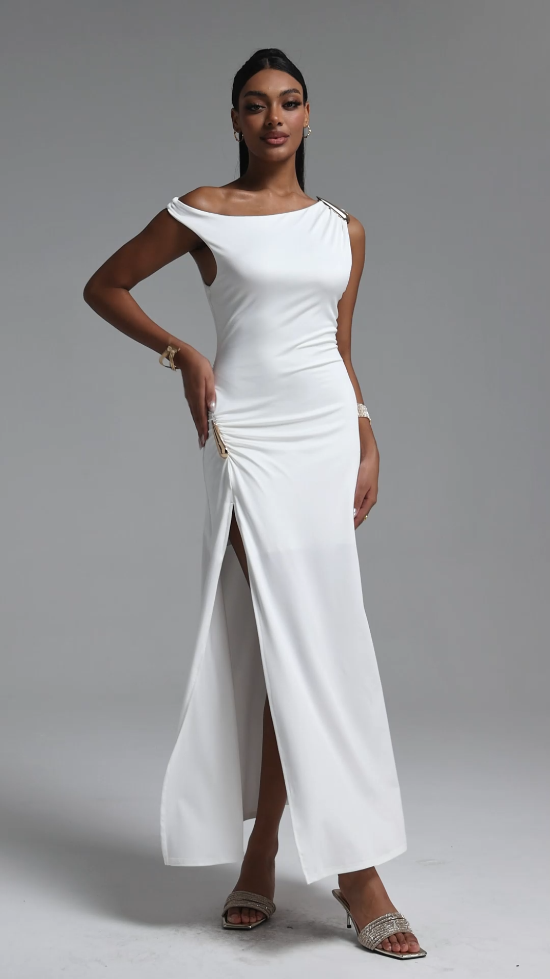 Nikalia Stylish Fitted Slit Metal Decor Maxi Dress