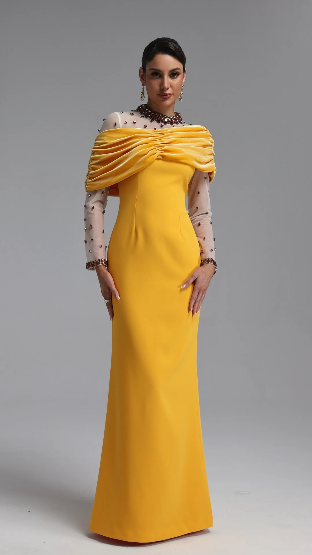 Dyani Elegant Draped One Shoulder Long Sleeve Beaded Maxi Dress