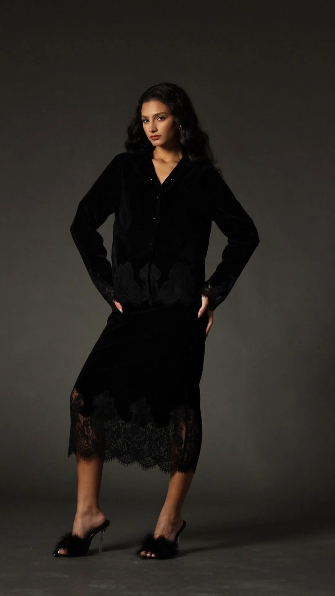 Martha V-Neck Lace Long Sleeves Velvet Two-Piece Set