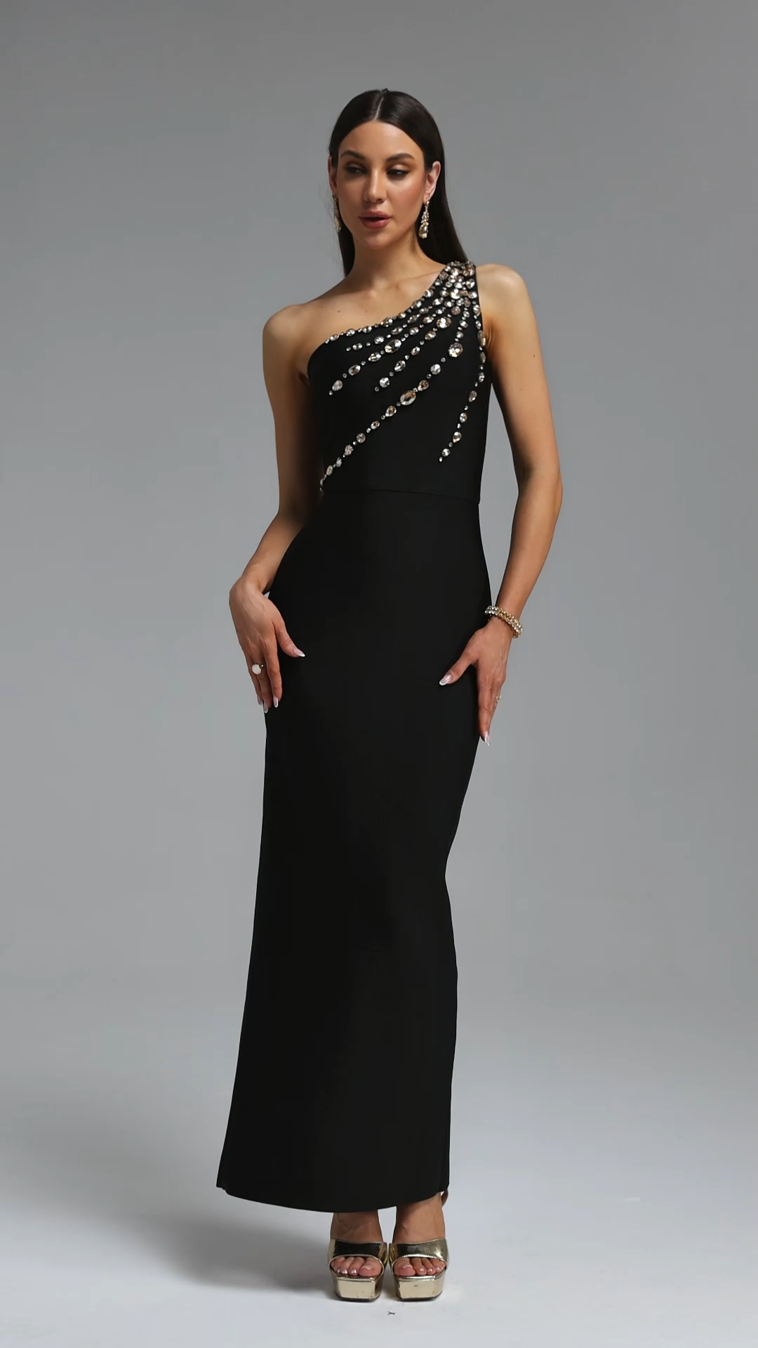 Sagako Exquisite Contour One Shoulder Rhinestone Bandage Maxi Dress