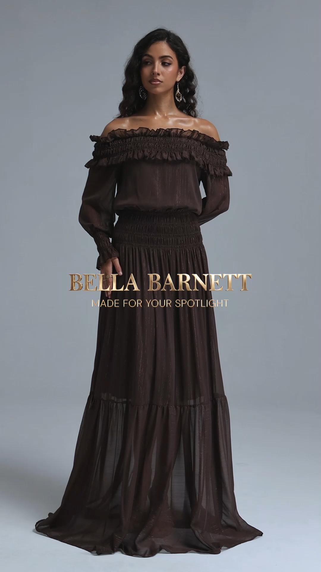 Quinta Romantic Flowy Off Shoulder Long Sleeve Chiffon Maxi Dress