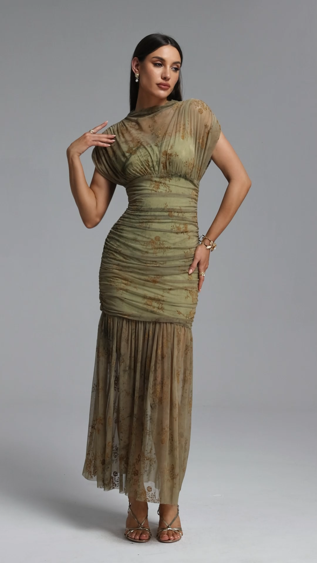 Vocca Romantic Contour Ruched Floral Print Sheer Green Maxi Dress