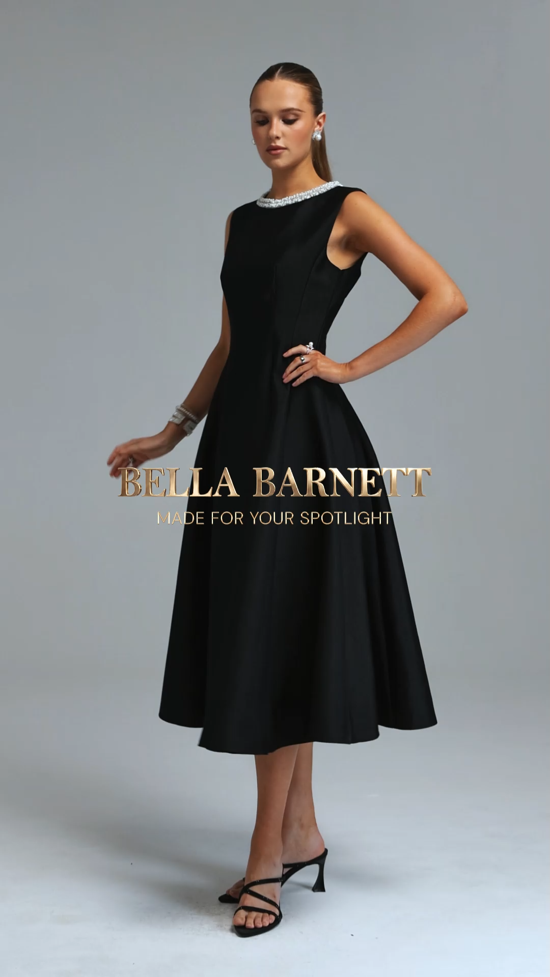 Velma Minimalist Cinched Waist Sleeveless Pearl Rhinestone A Line Black Maxi Dress