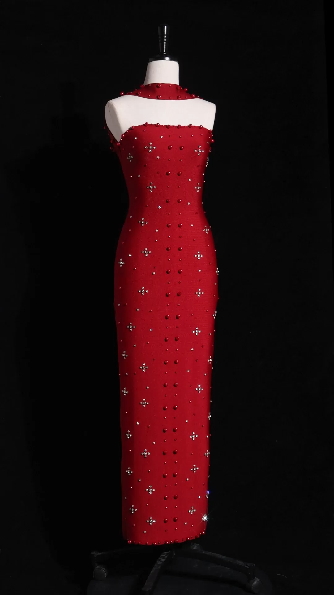 Nesya Sleeveless Pearl Wine Bandage Maxi Dress