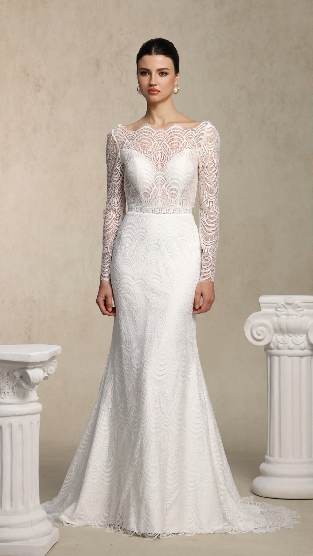 Myla Boho Tailored Open Back White Lace Train Maxi Wedding Dress