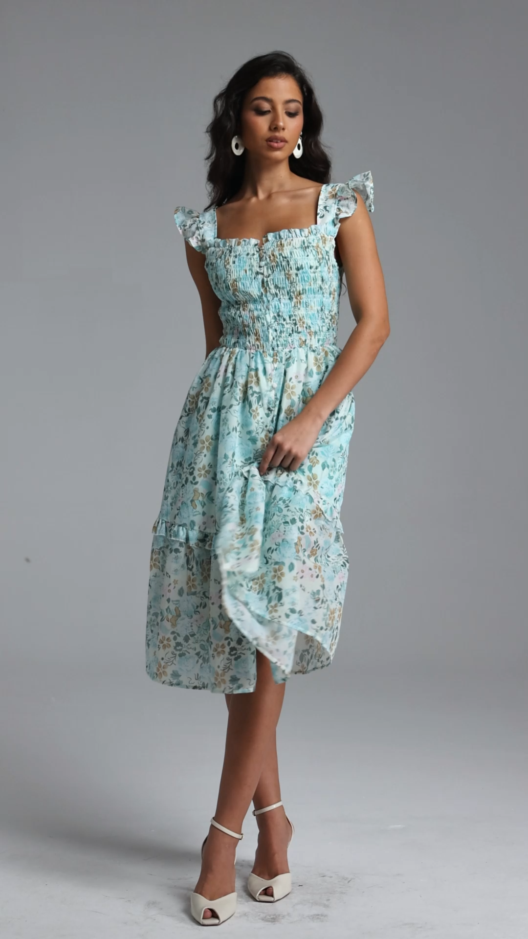 Myla Resort Flowy Sleeveless Ruffle Floral Print Woven Midi Dress